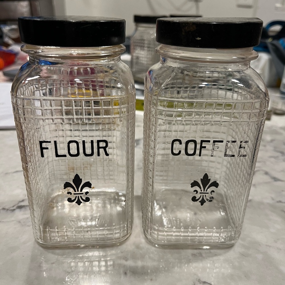 Vintage Hazel Atlas Block "Fleur de Lis" Flour Coffee  Glass Canister Jar